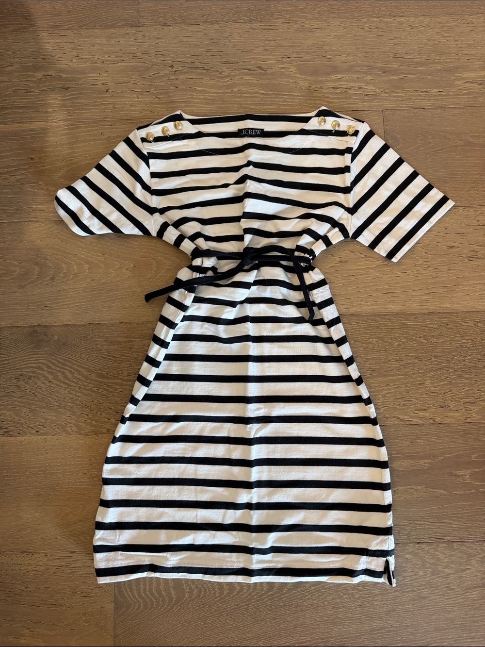 J. Crew Black and White Striped Belted Mini Dress with Gold Buttons